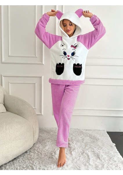 Kedi Nakışlı Kapşonu Kulaklı Soft Ikili Pijama Takımı VG002