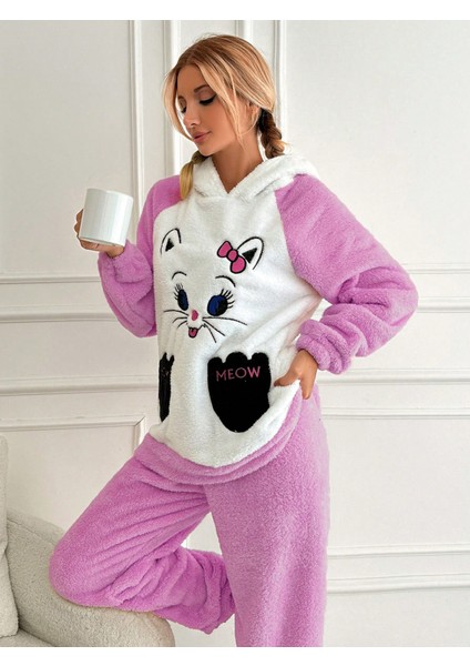 Kedi Nakışlı Kapşonu Kulaklı Soft Ikili Pijama Takımı VG002