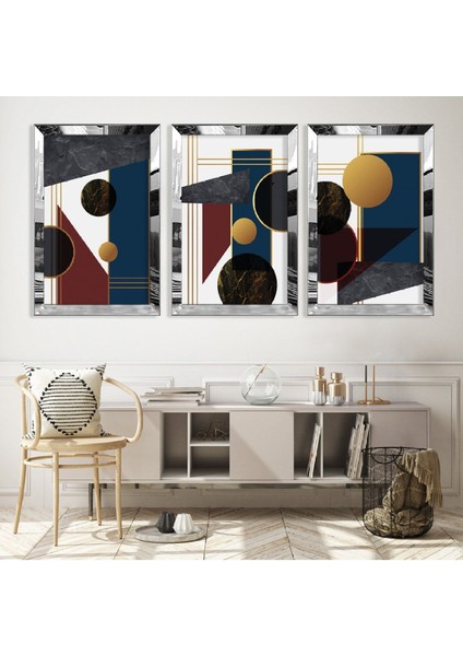 Soyut Desen Gümüş Pleksi Kenar 3'lü Mdf Tablo