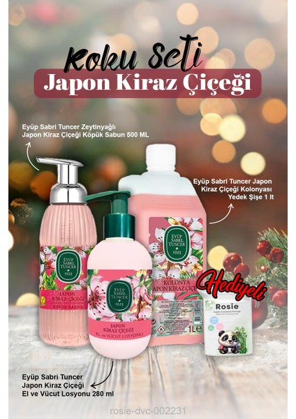 Japon Kiraz Çiçeği Köpük Sabun 500 ml, Kolonya 1 lt, Losyon 280 ml ve Rosie Pamuk