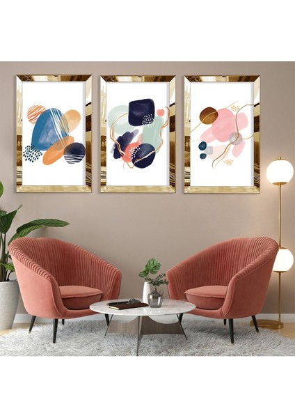 Şekiller Soyut Desen Gold Pleksi Kenar 3'lü Mdf Tablo