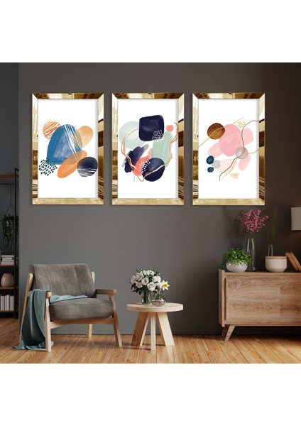 Şekiller Soyut Desen Gold Pleksi Kenar 3'lü Mdf Tablo fiyatları