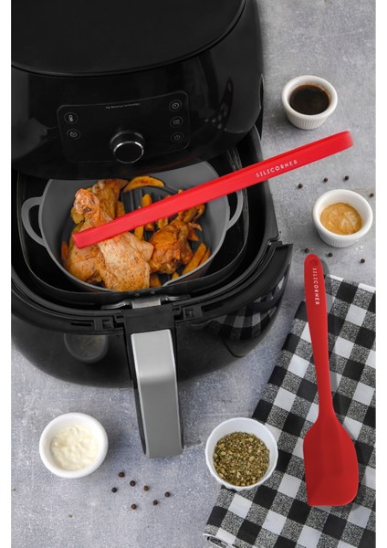 3 Parça Antrasit Silikon Air Fryer Pişirme Seti Maşa Air Fryer Pişirme Kabı Haznesi Spatula