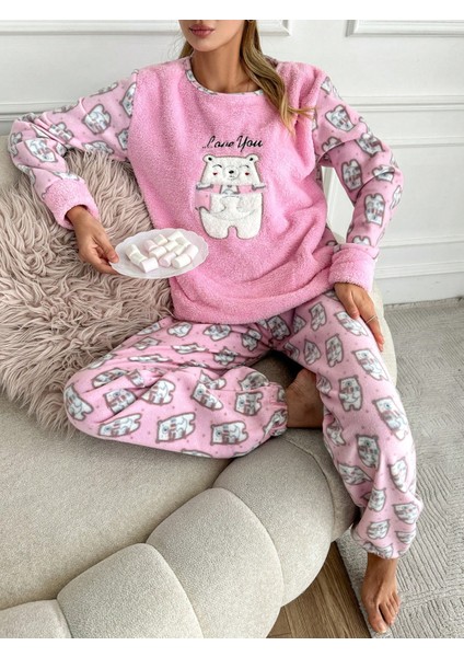 Paça Lastik Detaylı Polar Ikili Pijama Takımı VG006