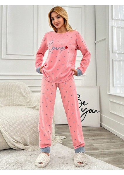 Raporlu Pembe Polar Kalp Desenli Pijama Takım VG009