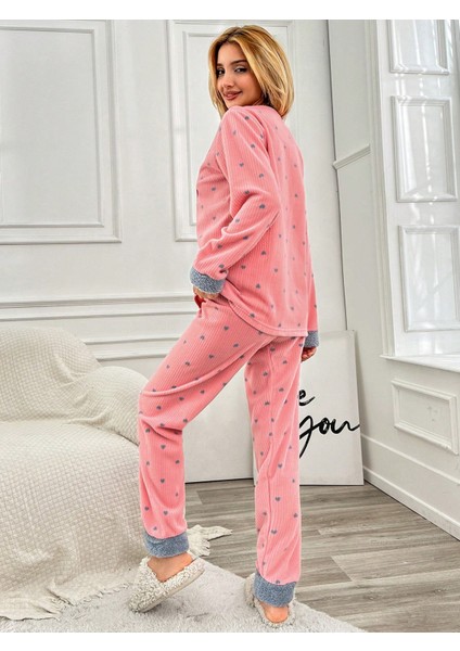Raporlu Pembe Polar Kalp Desenli Pijama Takım VG009