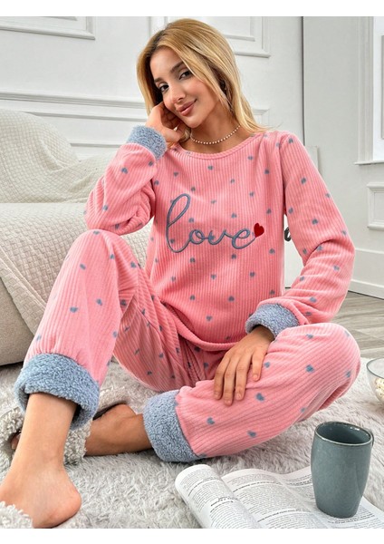 Raporlu Pembe Polar Kalp Desenli Pijama Takım VG009