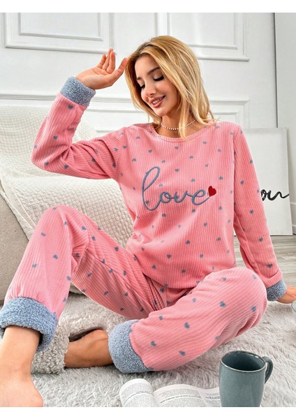 Raporlu Pembe Polar Kalp Desenli Pijama Takım VG009