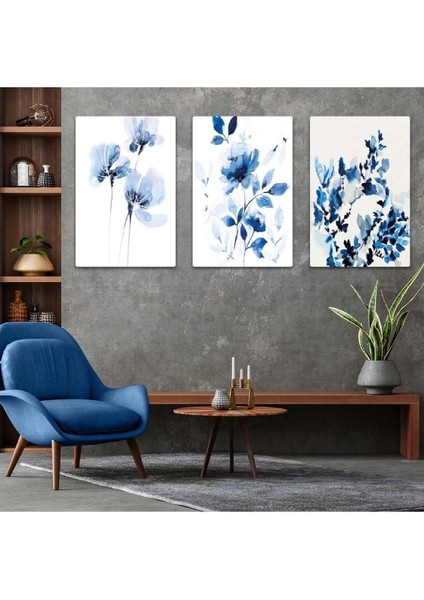 Mavi Çiçekler 3'lü Mdf Tablo Set