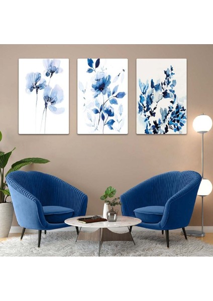 Mavi Çiçekler 3'lü Mdf Tablo Set fiyatları