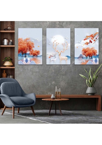 Geyik Soyut Desen 3'lü Mdf Tablo Set