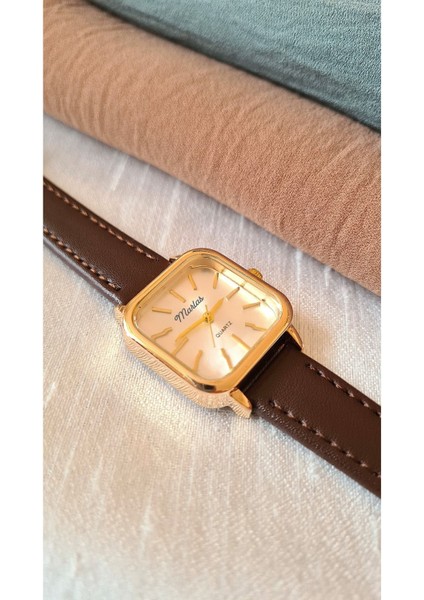 Retro Kadın Kol Saati, Vintage Tasarım, Minimal Tasarım, Gold Rengi, Koyu Kahve Kayış