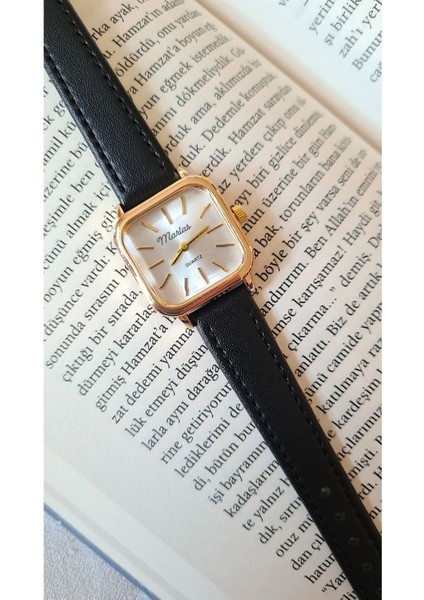 Retro Kadın Kol Saati, Vintage Tasarım, Minimal Tasarım Gold Rengi Siyah Kayış