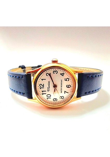 Vintage Kadın Kol Saati, Retro Tasarım, Yuvarlak, Deri Kordon, Mavi Kordon, Kolay Kullanım