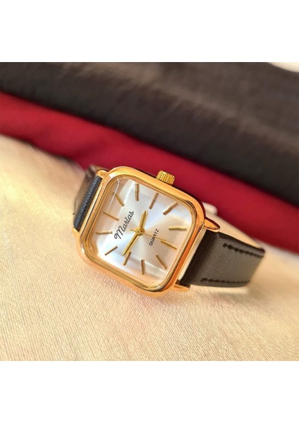 Retro Kadın Kol Saati, Vintage Tasarım, Minimal Tasarım Gold Rengi Siyah Kayış modelleri