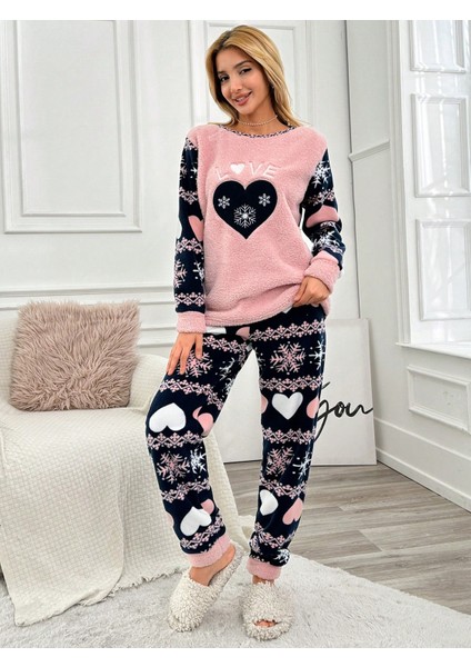 Kalp Desenli Polar Önü Soft Kadın Pijama Takımı VG012