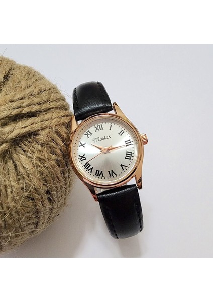 Retro Kadın Kol Saati, Roma Rakamlı Kadran, Vintage, Minimal, Rose Gold, Siyah Kordon