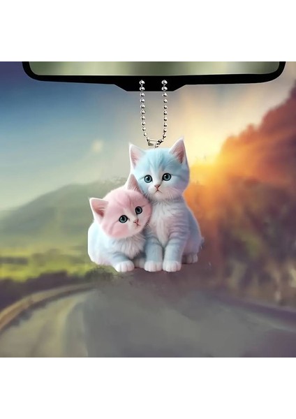 Kedi Figürlü 3 Boyutlu Anahtarlık ve Araba Dikiz Ayna Süsü (Kardeş)