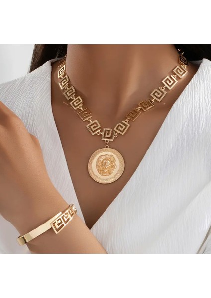 SE Jewellery Gold Kadın Aslan Kafası Motifli Kolye Kelepçe Set