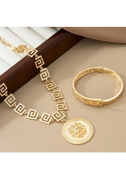 SE Jewellery Gold Kadın Aslan Kafası Motifli Kolye Kelepçe Set