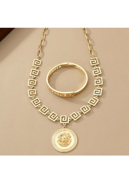 SE Jewellery Gold Kadın Aslan Kafası Motifli Kolye Kelepçe Set