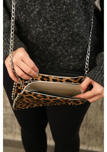 Çildan Womens Inci Detaylı Leopar El Kol ve Omuz Çantası