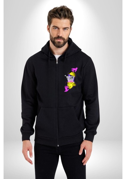 Einstein Retro Dil Çıkarma Devam Ettir Erkek Kadın Siyah Fermuarlı Baskılı Hırka Sweatshirt
