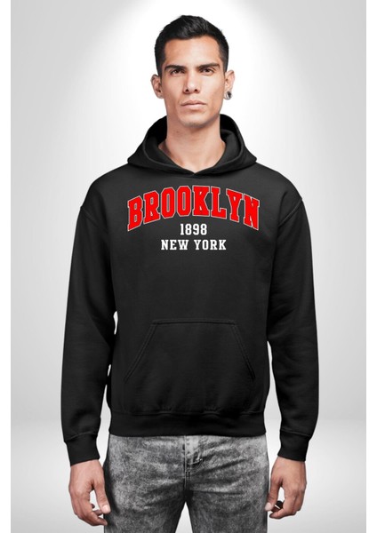 Brooklyn Kırmızı Erkek Kadın Siyah Dijital Baskılı Kapüşonlu Sweatshirt Hoodie