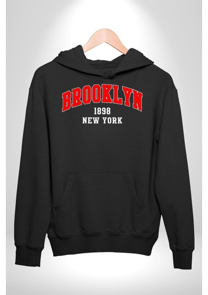 Brooklyn Kırmızı Erkek Kadın Siyah Dijital Baskılı Kapüşonlu Sweatshirt Hoodie