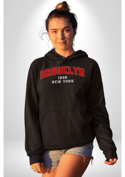 Brooklyn Kırmızı Erkek Kadın Siyah Dijital Baskılı Kapüşonlu Sweatshirt Hoodie