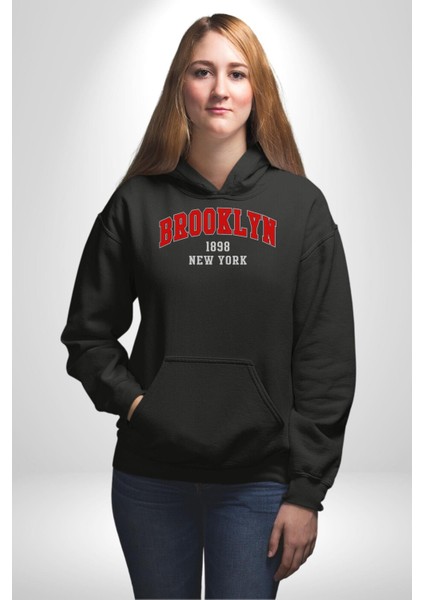 Brooklyn Kırmızı Erkek Kadın Siyah Dijital Baskılı Kapüşonlu Sweatshirt Hoodie