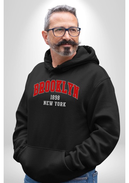 Brooklyn Kırmızı Erkek Kadın Siyah Dijital Baskılı Kapüşonlu Sweatshirt Hoodie