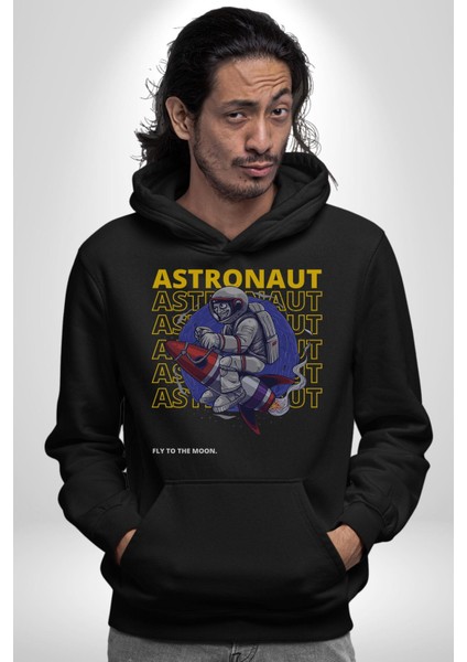 Roket Ata Binen Astronot Erkek Kadın Siyah Dijital Baskılı Kapüşonlu Sweatshirt Hoodie indirimleri