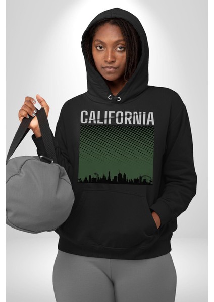 California Erkek Kadın Siyah Dijital Baskılı Kapüşonlu Sweatshirt Hoodie