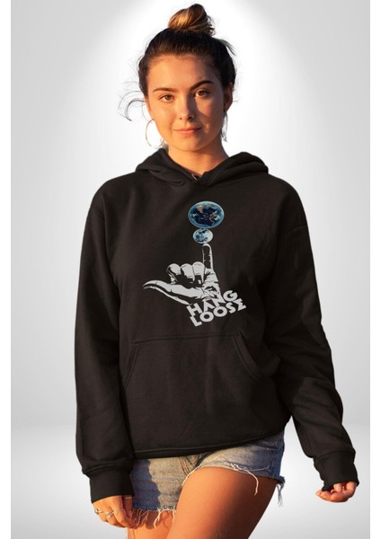 Hang Loose Dünya Temalı Eğlenceli Tasarım Erkek Kadın Siyah Dijital Baskılı Kapüşonlu Sweatshirt Hoodie