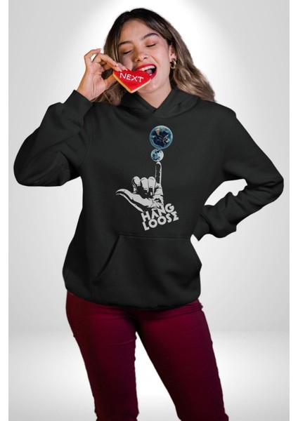 Hang Loose Dünya Temalı Eğlenceli Tasarım Erkek Kadın Siyah Dijital Baskılı Kapüşonlu Sweatshirt Hoodie
