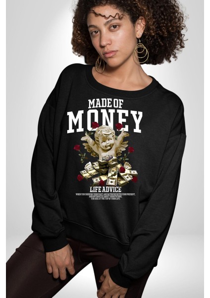 Aşk Meleği Para Kazandım Hayat Tavsiyesi Erkek Kadın Unisex Dijital Baskılı Siyah Sweatshirt