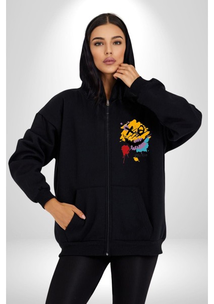 Smile Mood Xox Gülümseme Ruhu Erkek Kadın Siyah Fermuarlı Baskılı Hırka Sweatshirt