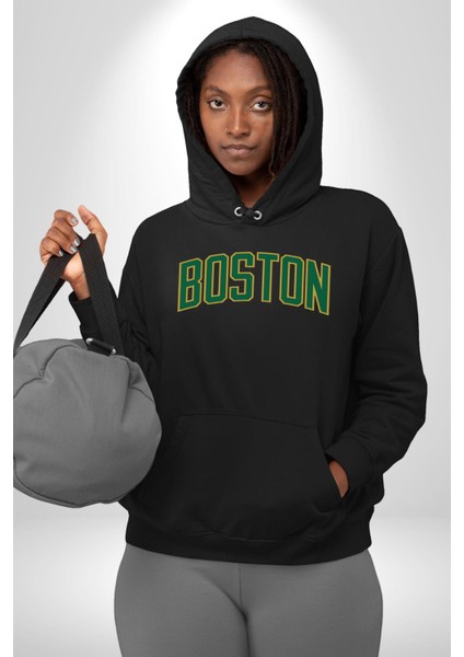 Boston Erkek Kadın Siyah Dijital Baskılı Kapüşonlu Sweatshirt Hoodie