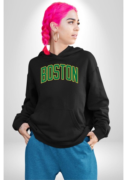 Boston Erkek Kadın Siyah Dijital Baskılı Kapüşonlu Sweatshirt Hoodie modelleri