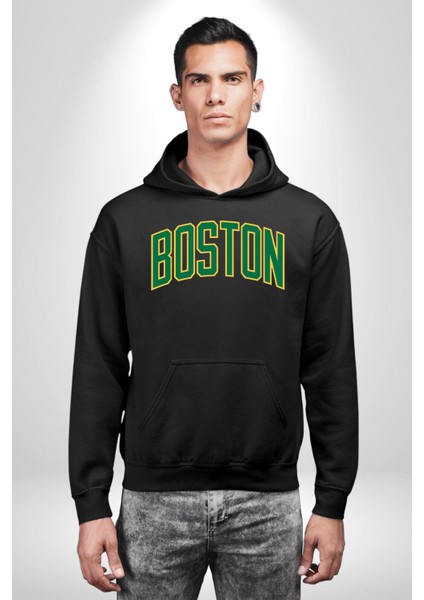 Boston Erkek Kadın Siyah Dijital Baskılı Kapüşonlu Sweatshirt Hoodie fırsatları