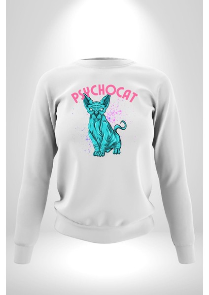 Mavi Uzaylı Sinirli Sfenks Kedisi Erkek Kadın Unisex Dijital Baskılı Beyaz Sweatshirt