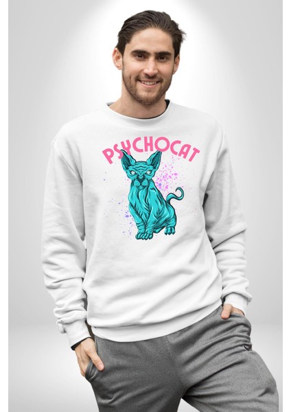 Mavi Uzaylı Sinirli Sfenks Kedisi Erkek Kadın Unisex Dijital Baskılı Beyaz Sweatshirt