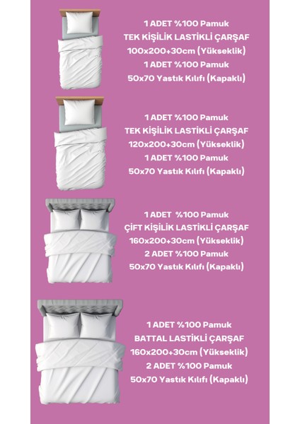 Cemeteks Firuze %100 Pamuk Doğal Çift Kişilik Ranforce Kumaş Lastikli Çarşaf + Yastık Kılıfı Seti /160X200/180X200/ 30CM Yükseklik modelleri