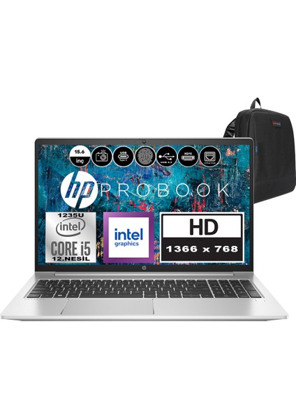 Probook 450 G9 Intel Core I5 1235U 16GB 512GB SSD Freedos 15.6" HD(1366 x 768) 250 Nit Taşınabilir Bilgisayar 969L8ETF07 + Zetta Çanta