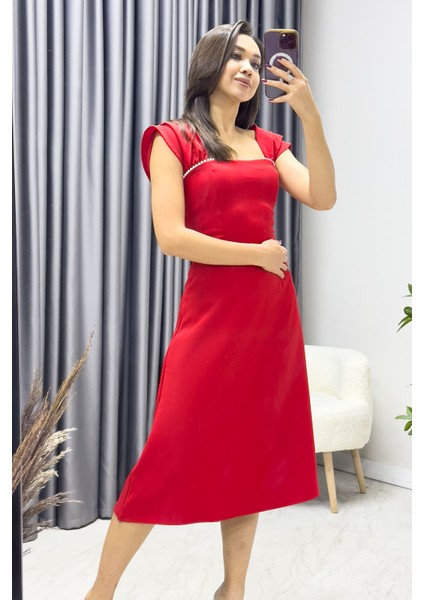 Kadın Kloş Inci Detay Elbise Bebe Mavi, Siyah, Kırmızı, Beyaz, Yeşil