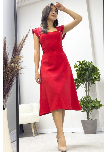 Kadın Kloş Inci Detay Elbise Bebe Mavi, Siyah, Kırmızı, Beyaz, Yeşil fırsatları