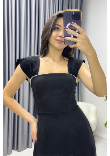 Kadın Kloş Inci Detay Elbise Bebe Mavi, Siyah, Kırmızı, Beyaz, Yeşil modelleri