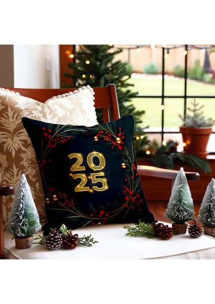 Yılbaşı Temalı 2025 Desenli Dijital Baskılı Koltuk Yastık Kırlent Kılıfı