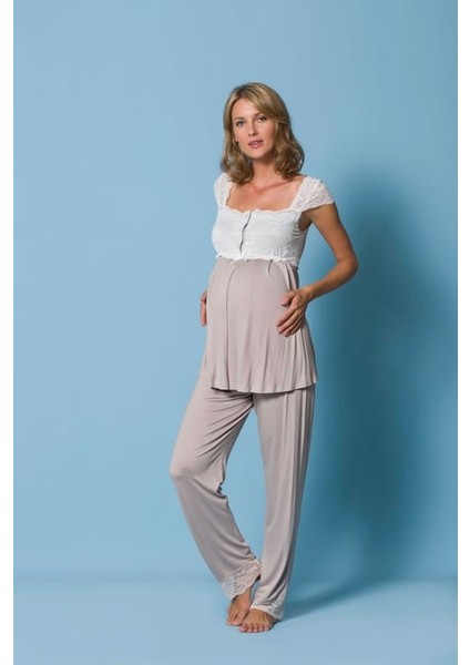 Kadın Dantelli Önü Düğmeli Hamile Lohusa Pijama Takımı
